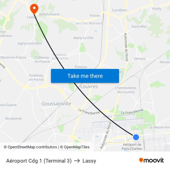 Aéroport Cdg 1 (Terminal 3) to Lassy map