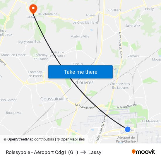 Roissypole - Aéroport Cdg1 (G1) to Lassy map