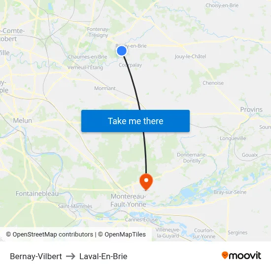 Bernay-Vilbert to Laval-En-Brie map