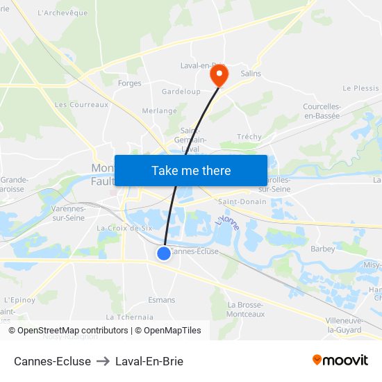Cannes-Ecluse to Laval-En-Brie map