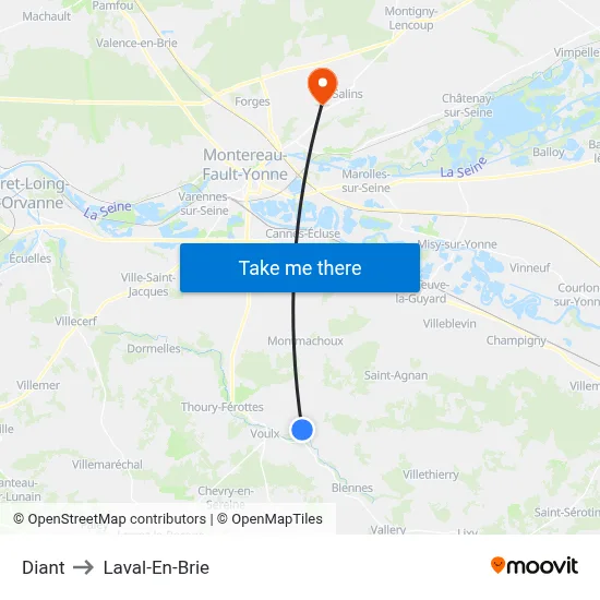 Diant to Laval-En-Brie map