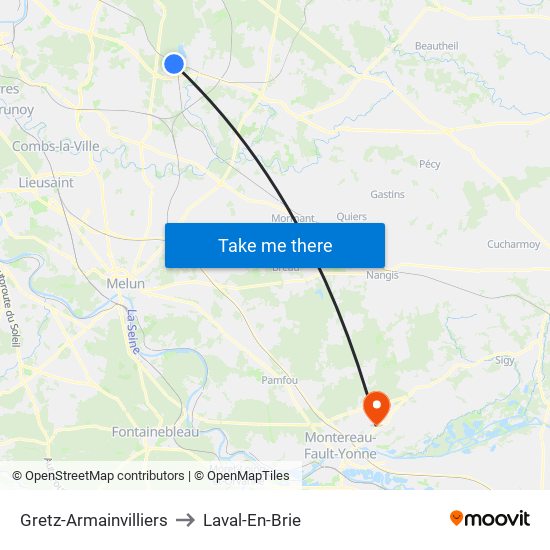 Gretz-Armainvilliers to Laval-En-Brie map
