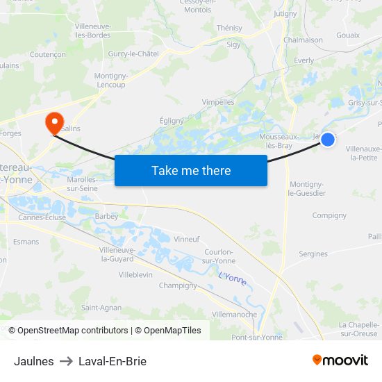 Jaulnes to Laval-En-Brie map
