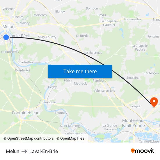 Melun to Laval-En-Brie map