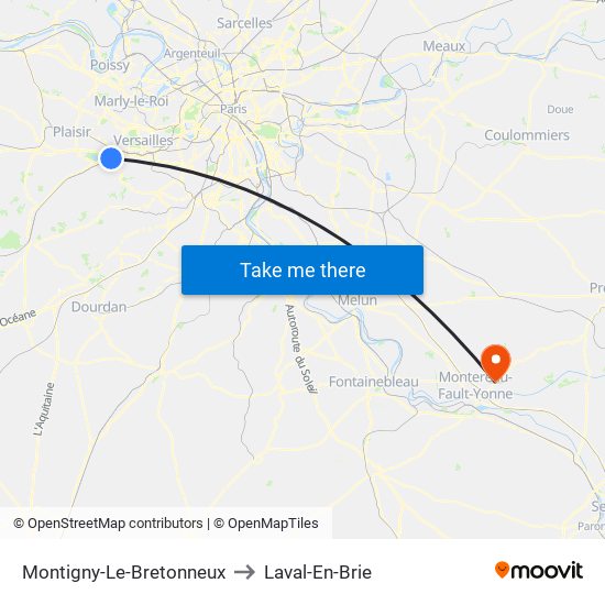 Montigny-Le-Bretonneux to Laval-En-Brie map
