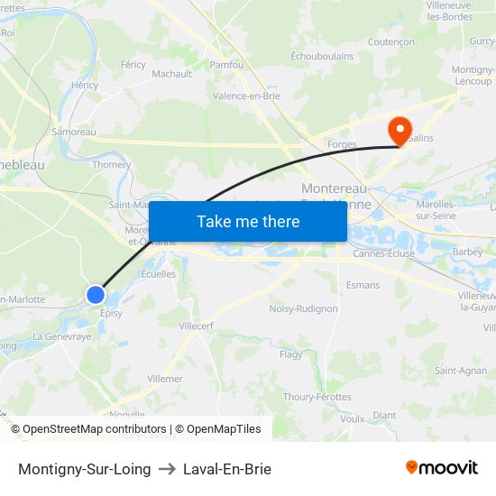 Montigny-Sur-Loing to Laval-En-Brie map