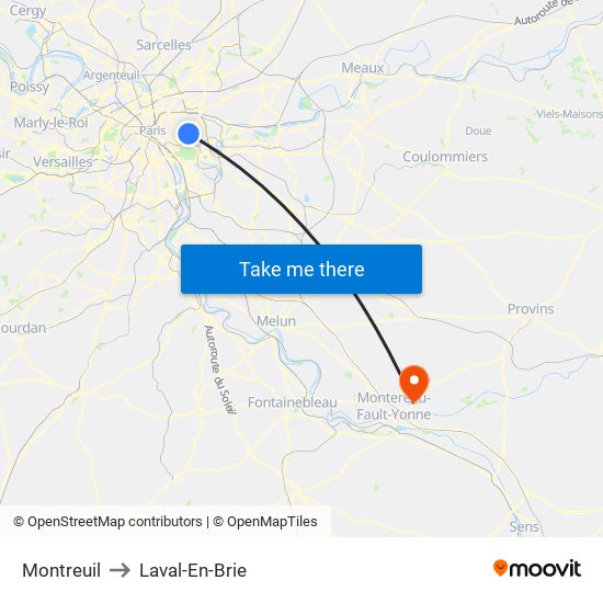 Montreuil to Laval-En-Brie map