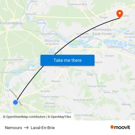 Nemours to Laval-En-Brie map