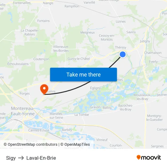 Sigy to Laval-En-Brie map