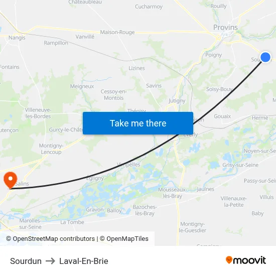 Sourdun to Laval-En-Brie map