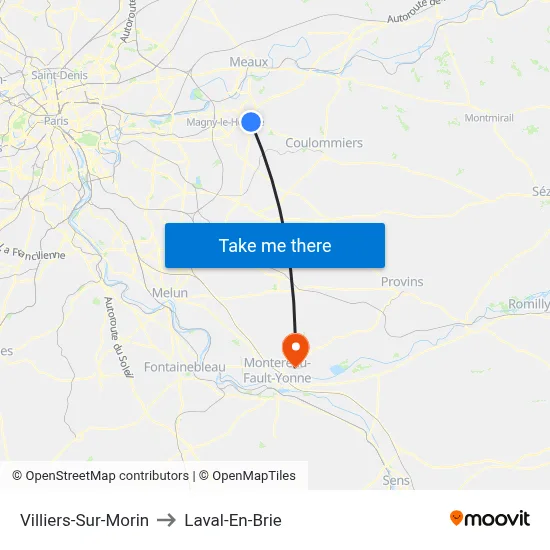 Villiers-Sur-Morin to Laval-En-Brie map