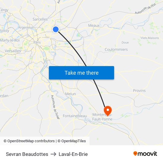 Sevran Beaudottes to Laval-En-Brie map