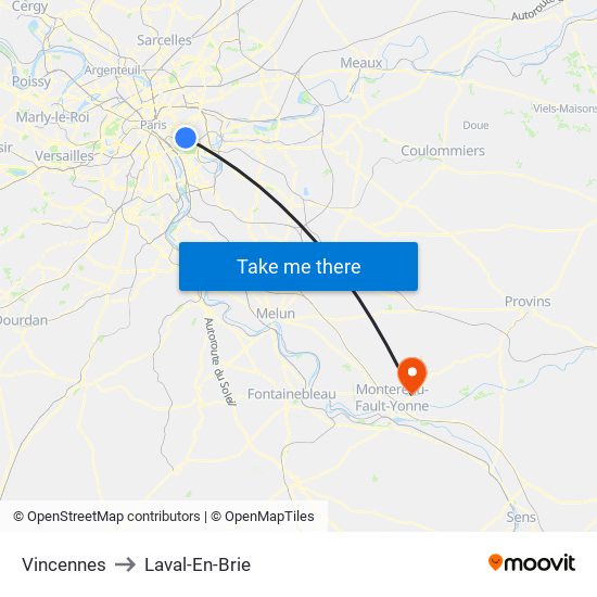 Vincennes to Laval-En-Brie map