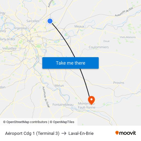 Aéroport Cdg 1 (Terminal 3) to Laval-En-Brie map