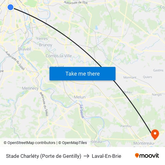 Stade Charléty (Porte de Gentilly) to Laval-En-Brie map