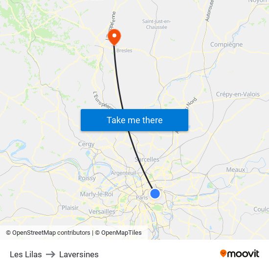 Les Lilas to Laversines map
