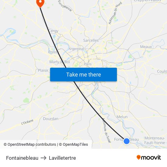 Fontainebleau to Lavilletertre map