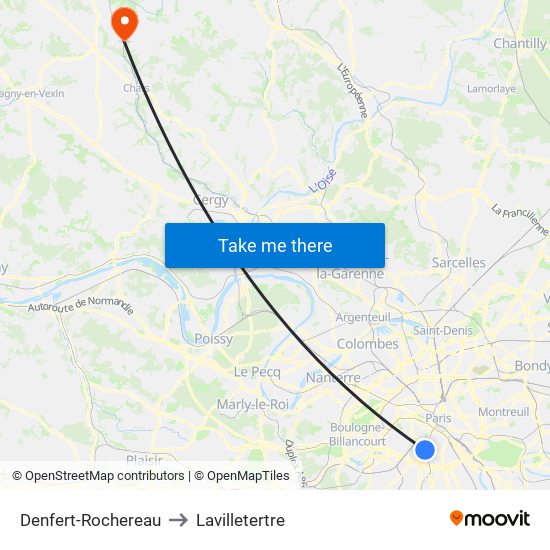 Denfert-Rochereau to Lavilletertre map
