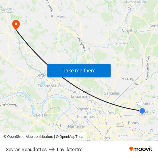 Sevran Beaudottes to Lavilletertre map