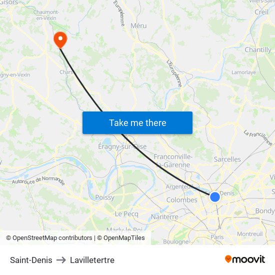 Saint-Denis to Lavilletertre map