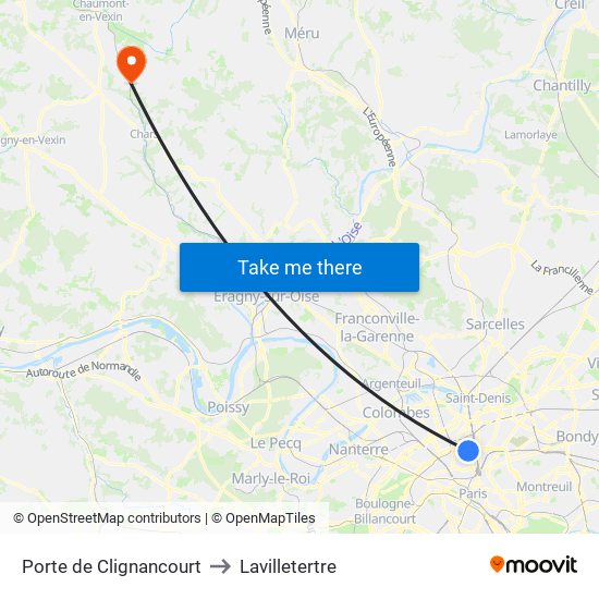 Porte de Clignancourt to Lavilletertre map