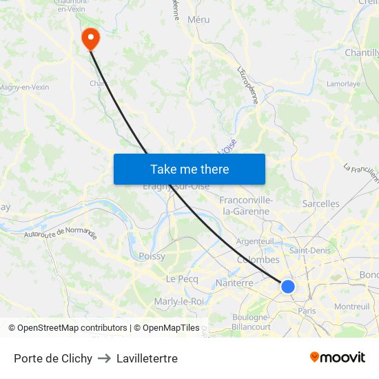 Porte de Clichy to Lavilletertre map