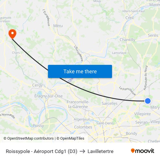 Roissypole - Aéroport Cdg1 (D3) to Lavilletertre map