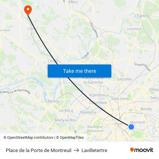 Place de la Porte de Montreuil to Lavilletertre map