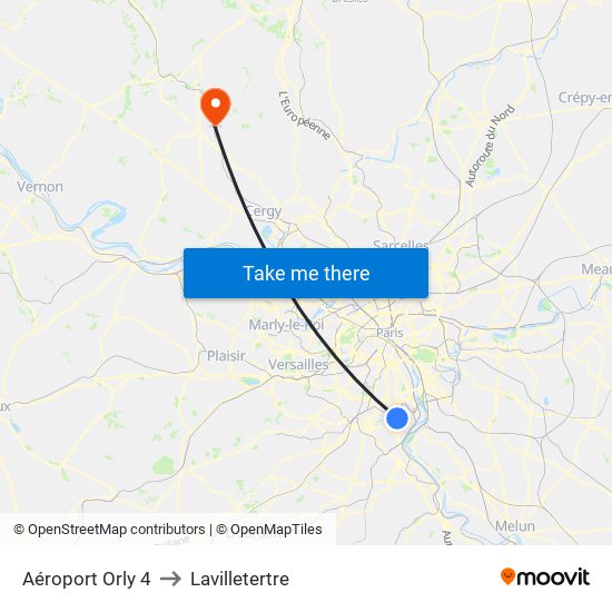 Aéroport Orly 4 to Lavilletertre map