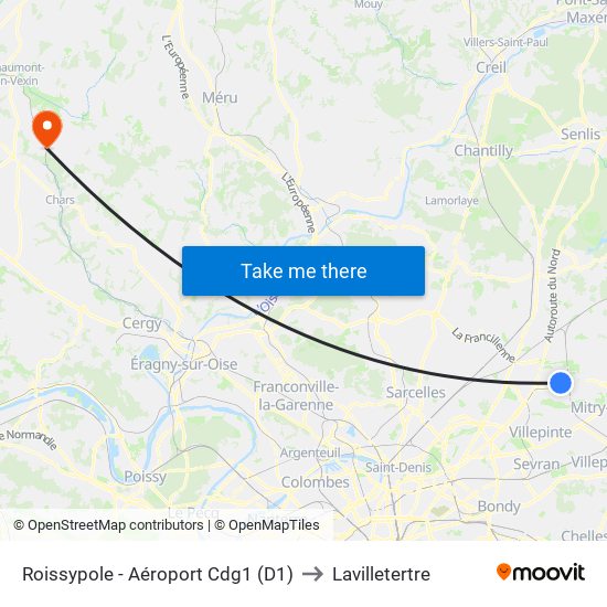 Roissypole - Aéroport Cdg1 (D1) to Lavilletertre map