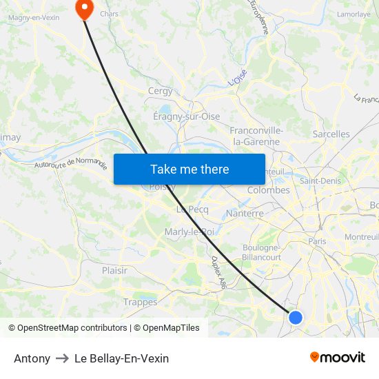 Antony to Le Bellay-En-Vexin map