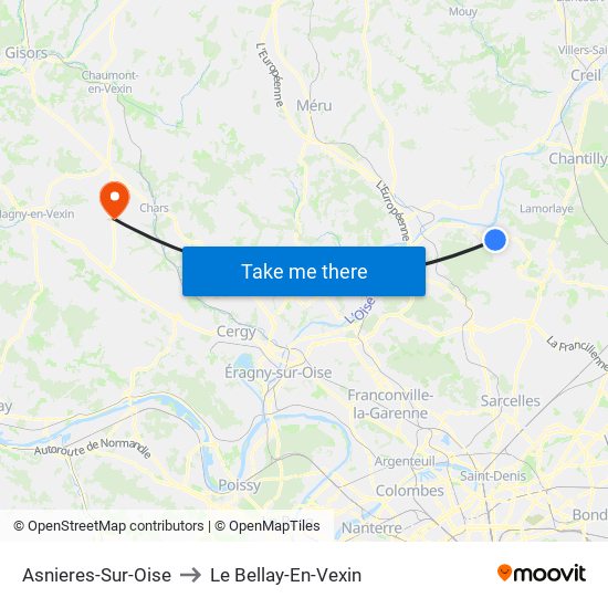 Asnieres-Sur-Oise to Le Bellay-En-Vexin map