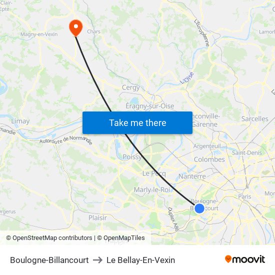 Boulogne-Billancourt to Le Bellay-En-Vexin map