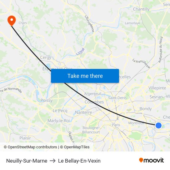 Neuilly-Sur-Marne to Le Bellay-En-Vexin map