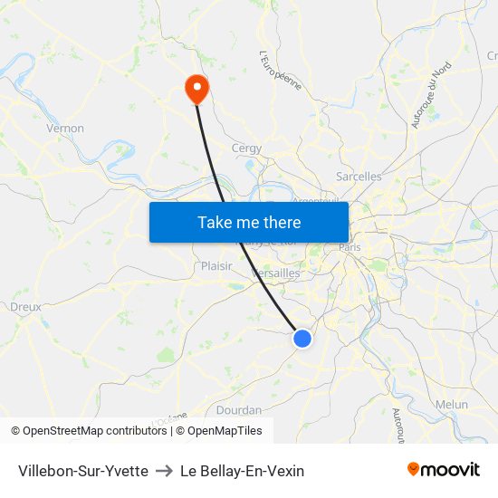 Villebon-Sur-Yvette to Le Bellay-En-Vexin map