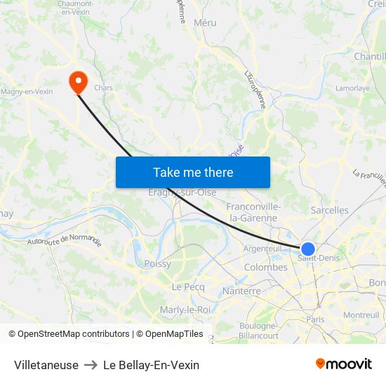 Villetaneuse to Le Bellay-En-Vexin map