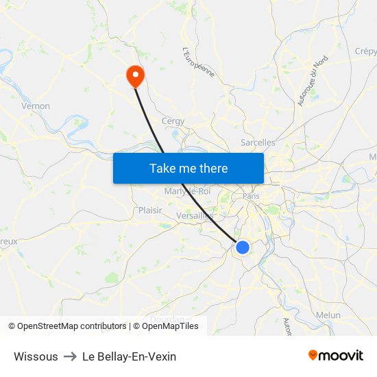 Wissous to Le Bellay-En-Vexin map