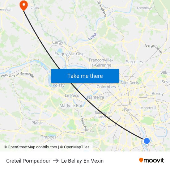Créteil Pompadour to Le Bellay-En-Vexin map