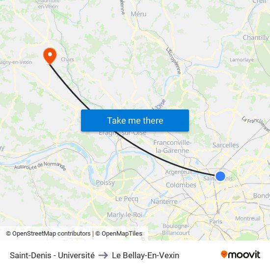 Saint-Denis - Université to Le Bellay-En-Vexin map
