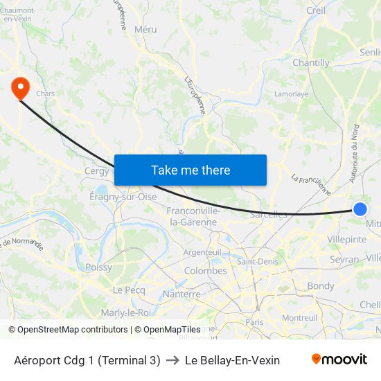 Aéroport Cdg 1 (Terminal 3) to Le Bellay-En-Vexin map