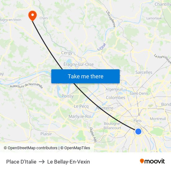 Place D'Italie to Le Bellay-En-Vexin map