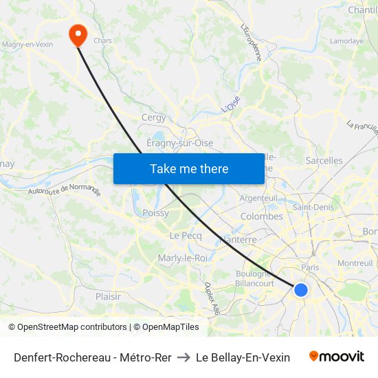 Denfert-Rochereau - Métro-Rer to Le Bellay-En-Vexin map