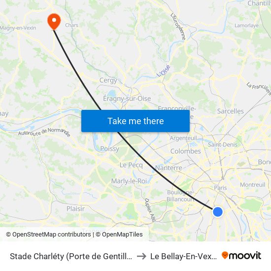 Stade Charléty (Porte de Gentilly) to Le Bellay-En-Vexin map