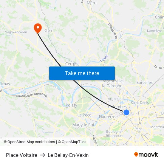 Place Voltaire to Le Bellay-En-Vexin map