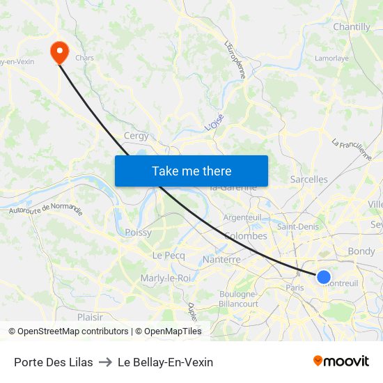 Porte Des Lilas to Le Bellay-En-Vexin map