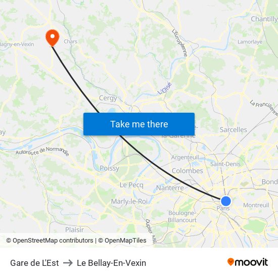 Gare de L'Est to Le Bellay-En-Vexin map