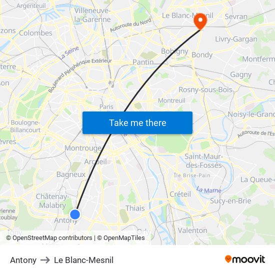 Antony to Le Blanc-Mesnil map