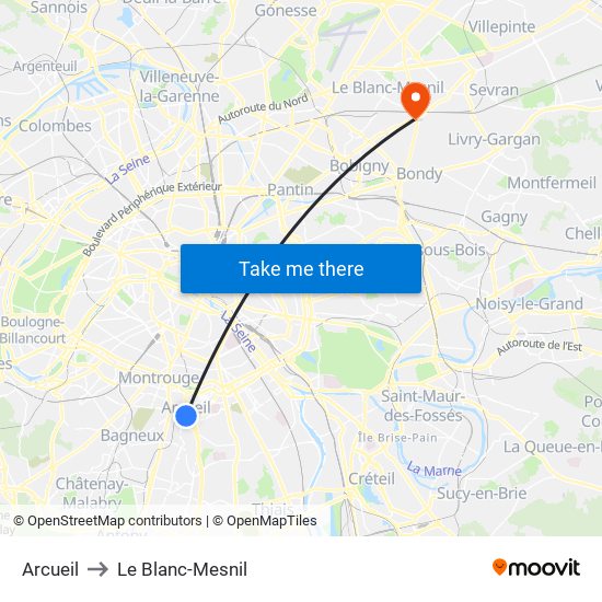 Arcueil to Le Blanc-Mesnil map