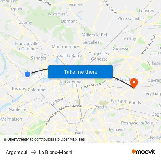 Argenteuil to Le Blanc-Mesnil map
