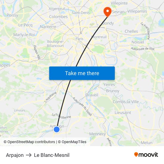 Arpajon to Le Blanc-Mesnil map